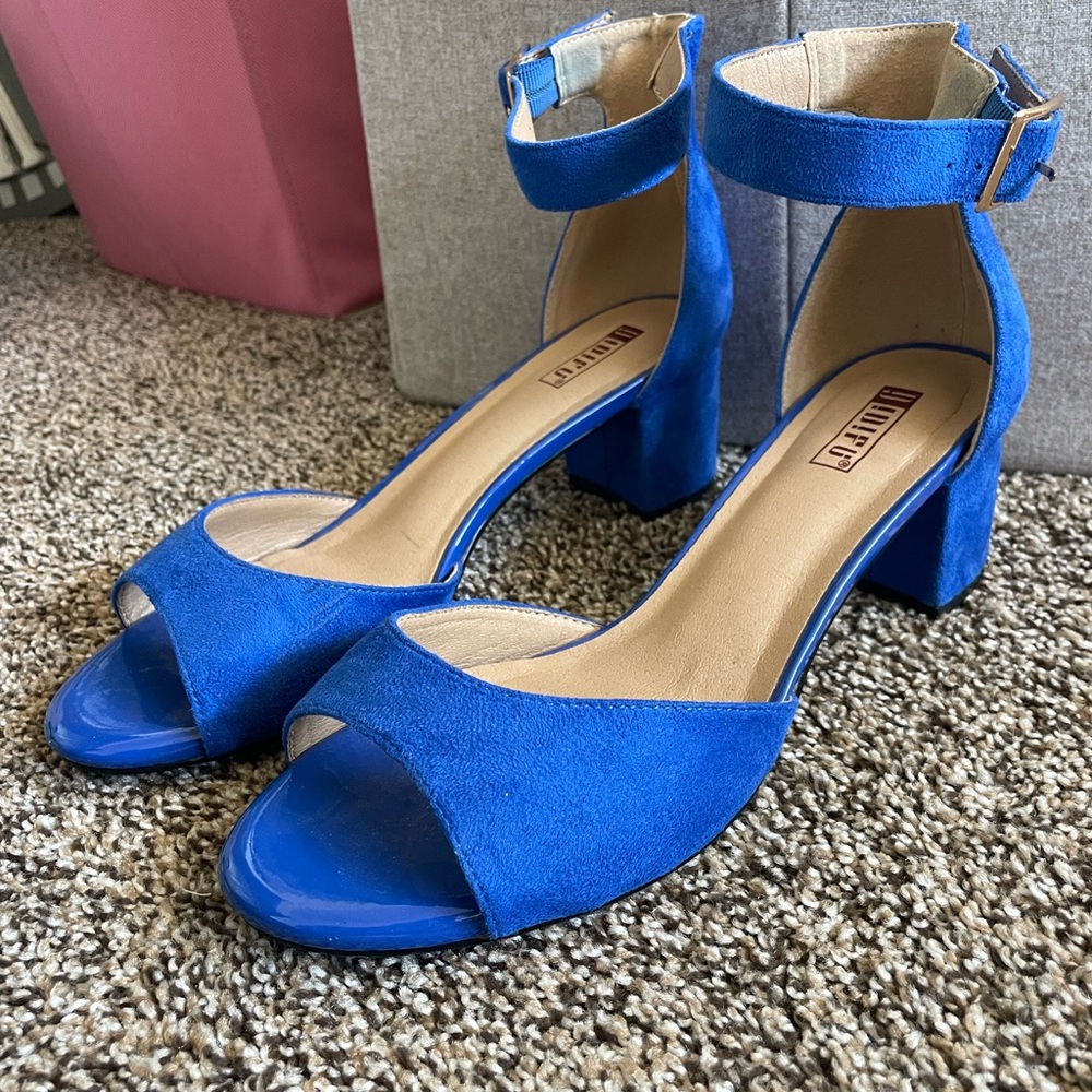 Blue Ankle Strap Block Heel Sandals